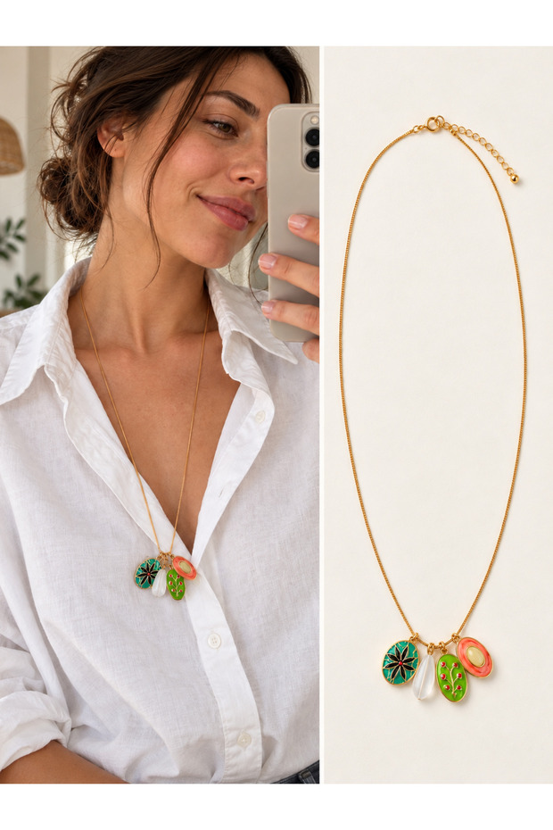 Solana Colorful Enamel Charm Detailed Necklace for Women Green - White