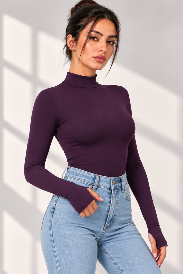 Women's Plum Finger-Hole Half Turtleneck Long Sleeve Slim Fit Bodysuit