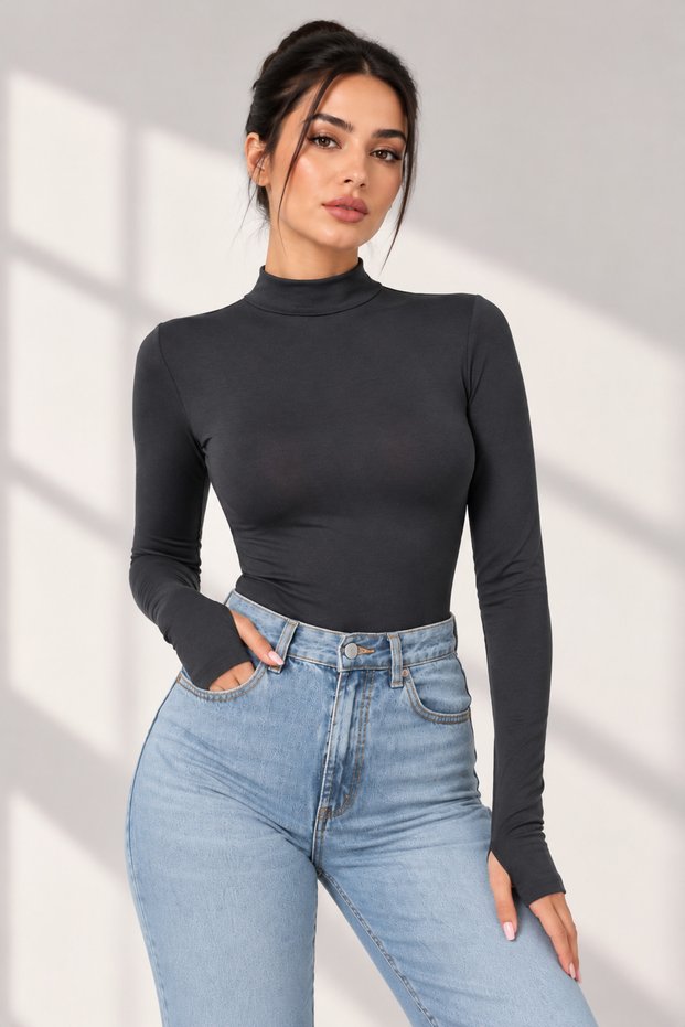 Women's Gray Finger-Looped Half Turtleneck Long Sleeve Slim Fit Bodysuit