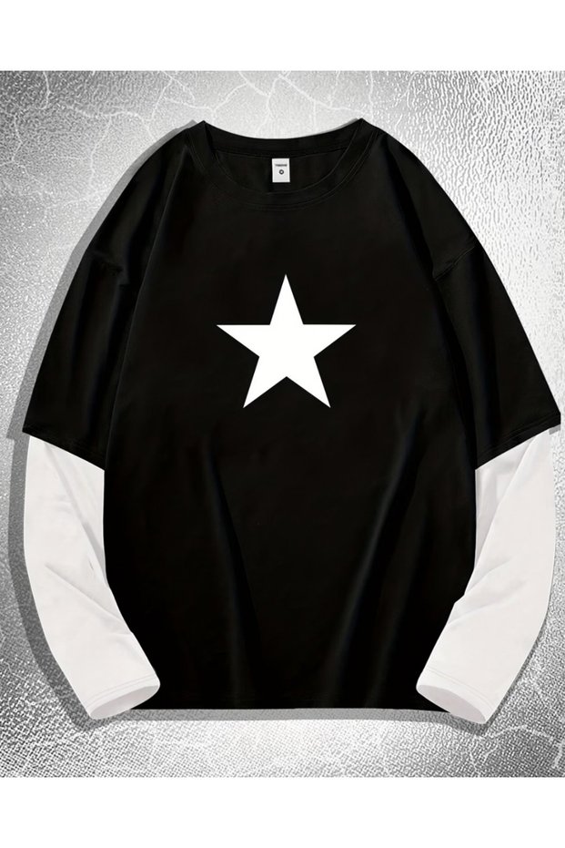 Star detail printed fake sleeve unisex oversize t-shirt