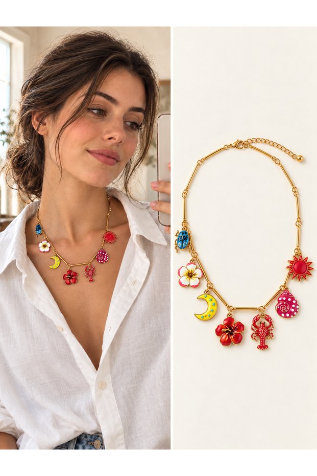 Solana Colorful Figured Charm Detailed Necklace for Women Red