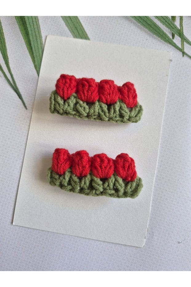 Ottoman Red Tulip Elegance Model Handmade Knitted 2-Piece Clip Buckle Hair Accessory (Suitable for All Age Groups)