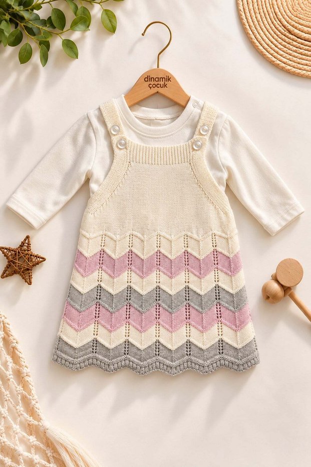 Baby Girl Zigzag Patterned Knitwear Dress Long Sleeve Badili 2-Piece Set 3-6-9-12Months
