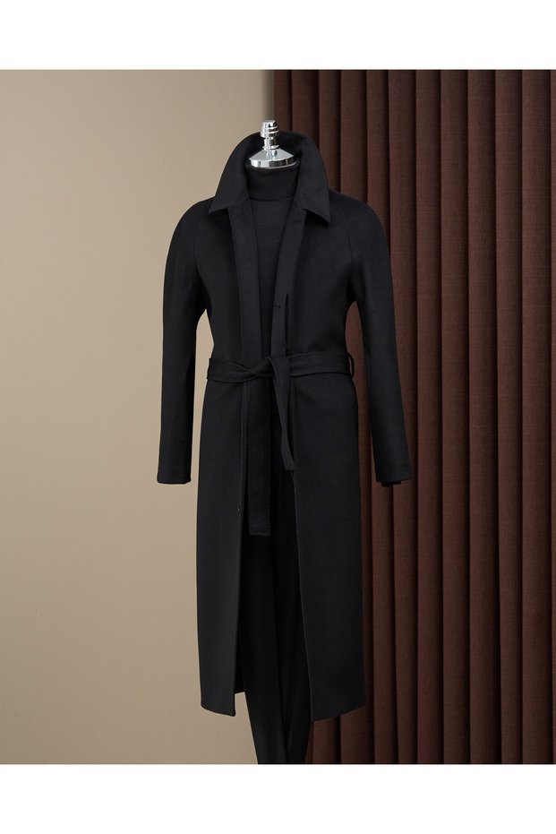 Slim Fit Shirt Collar Raglan Sleeve Long Cashmere Men's Coat Black T20183-01