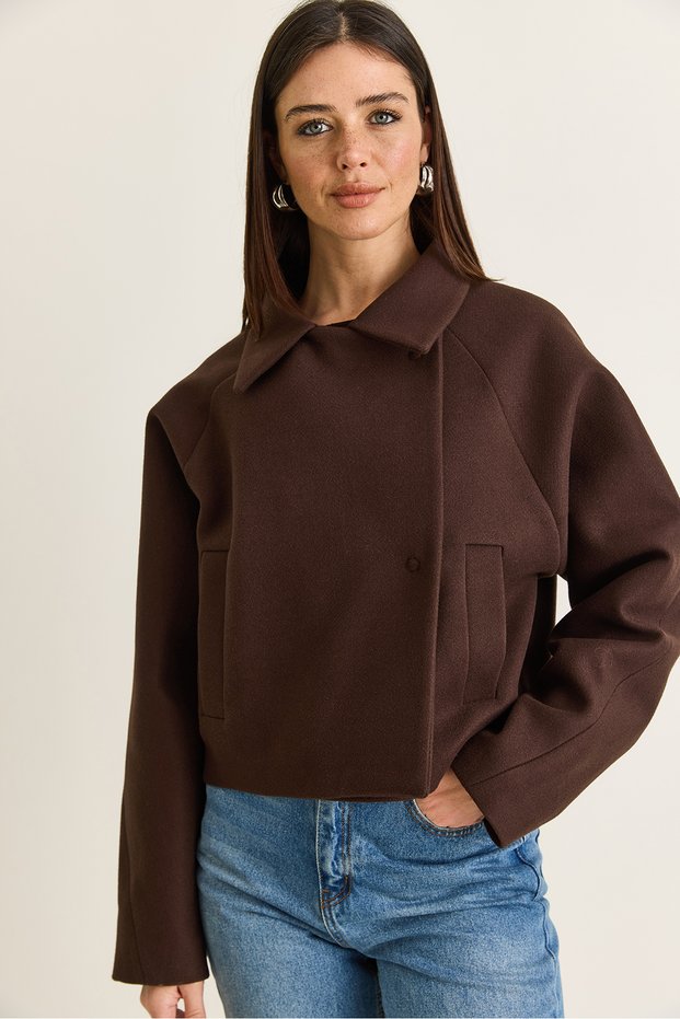 Women's Bitter Brown Lined Pocket Detailed Shirt Collar Short Cashmere Coat 8029 60286665