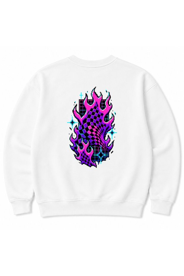 Neon Inferno Retro Pixel Flames & Cyber Grid Graphic Sweatshirt