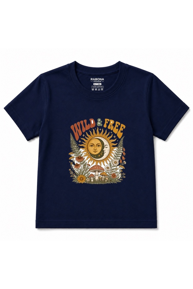 Wild & Free Celestial Sun Moon Boho Floral Graphic Kids T-Shirt