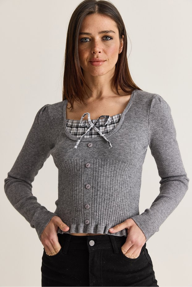 Women's Gray Plaid Detailed Waist Hugging Ruffle Knitwear Blouse Th261102 60286684