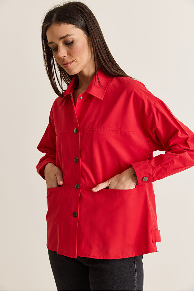 Women's Red Parachute Fabric Pocket Detailed Snap Fastener Oversized Shirt Jacket with Slits on the Back 7063 60286674