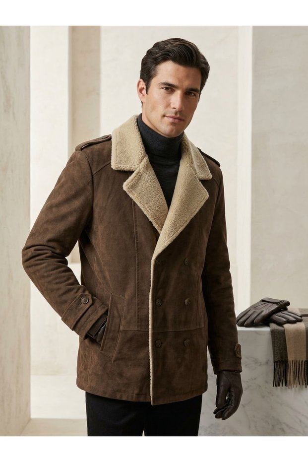15300 Brown Nubuck Men's Coat with Fur Collar