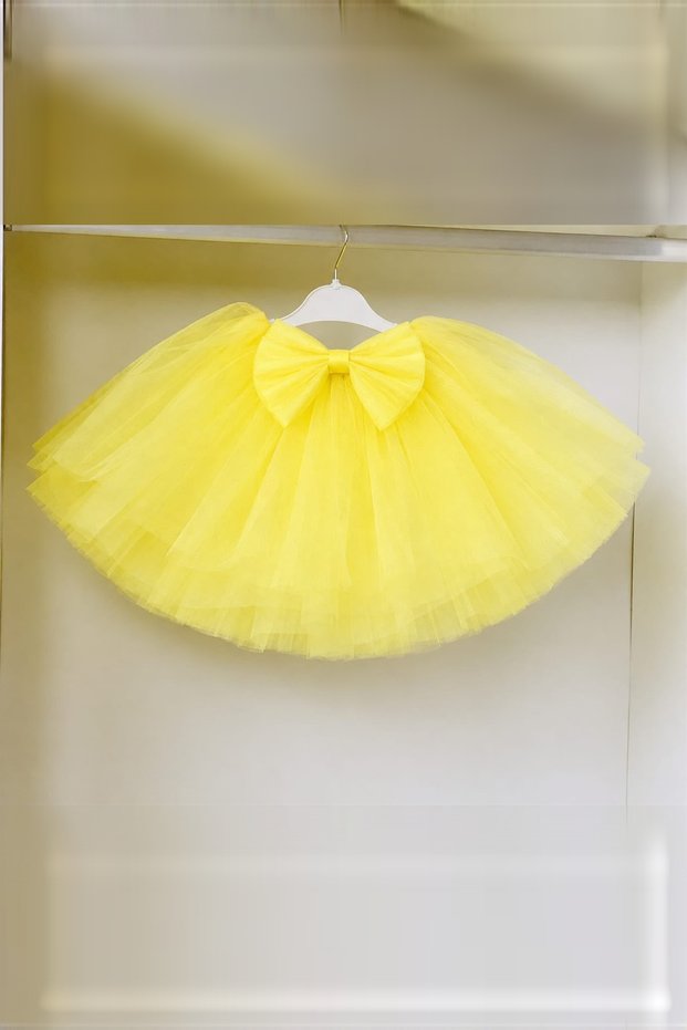 Yellow Bowknot Tutu Skirt for Girls, 6 Layers of Tulle Lining, Elastic Waist, Puffy Skirt