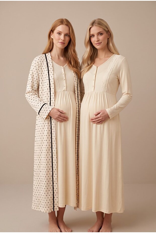 Women's Beige Patterned Lace Long Sleeve Maternity Nightgown Set with Easy Breastfeeding Feature