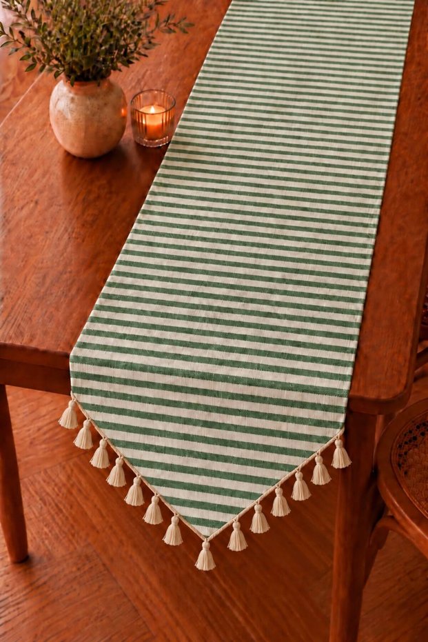 Striped Green Vintage Cotton Linen Triangle Tassel Runner 40X110 Premium Linen