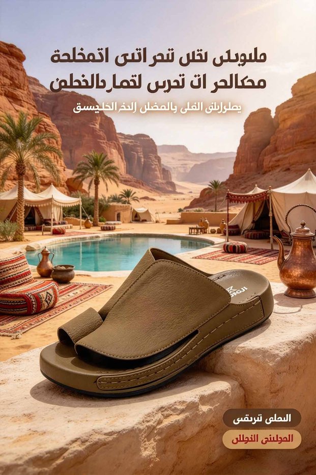 شبشب رجالي من الجلد المحبب مصنوع في المملكة العربية السعودية، بتصميم مفتوح من الأمام ونعل سميك مسطح