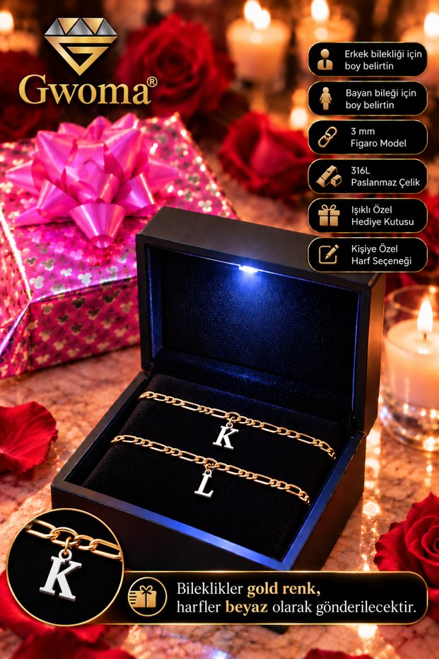 Men's Steel Lettered Couple Bracelet - 3mm Figaro Model Lettered Couple Bracelet in Lighted Box 316 L Stainless Steel Gift for Lover, Spouse Bracelet