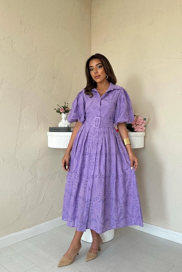 Women's Lilac Shirt Collar Belted Buttoned Embroidered Scalloped Balloon Short Sleeve Flared Midi Dress