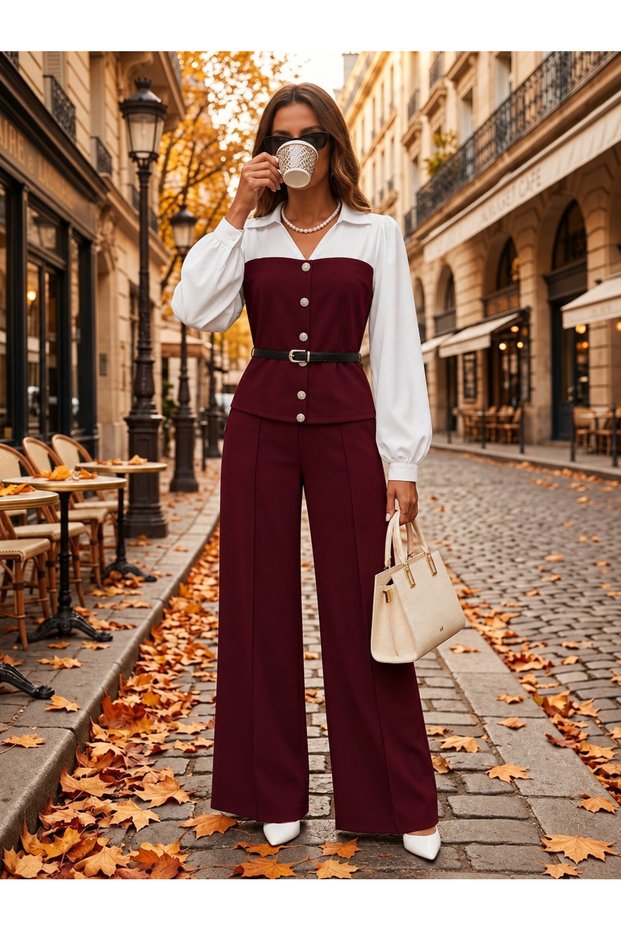 Women's Long Sleeve Collared Front Buttoned Beltless Shirt Blouse and Trousers Two-Piece Set