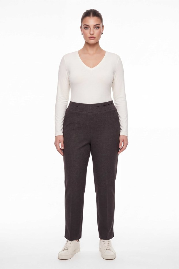 Women's Brown Winter High-Waisted Pants with Stone Details on the Waist and Stone and Accessory Details on the Cuffs