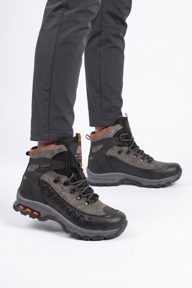 Black-Smoked Lace-Up Zippered Non-Slip Sole Men's Outdoor Trekking Boots 2115