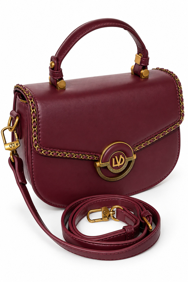 Burgundy Oval Case Stylish Women's Hand and Shoulder Bag with Chain and Logo Detail