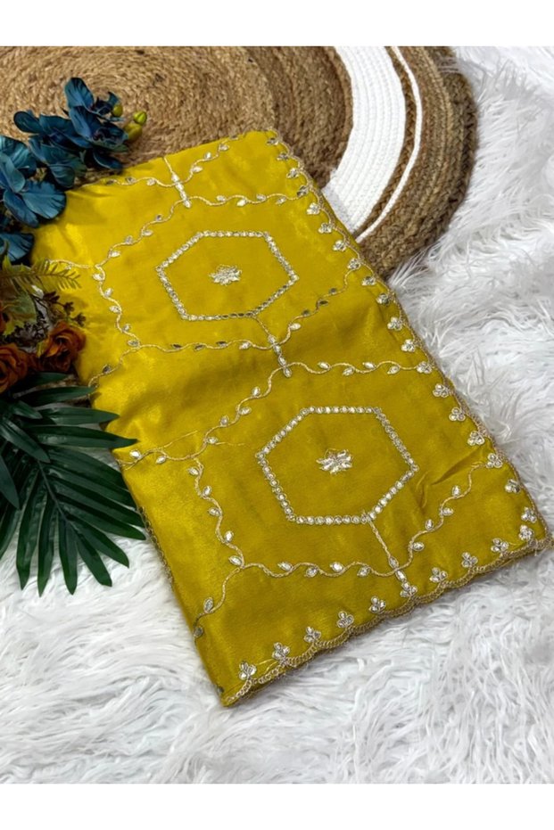 Mustard Yellow Chinon Silk Embroidered Saree - KTS101125 | Mustard Yellow