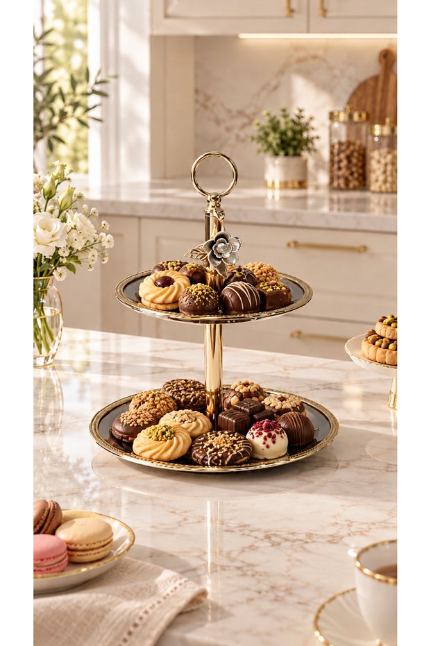 Gold Metal Two-Tier Cookie and Chocolate Display Stand – 27×27×33 cm