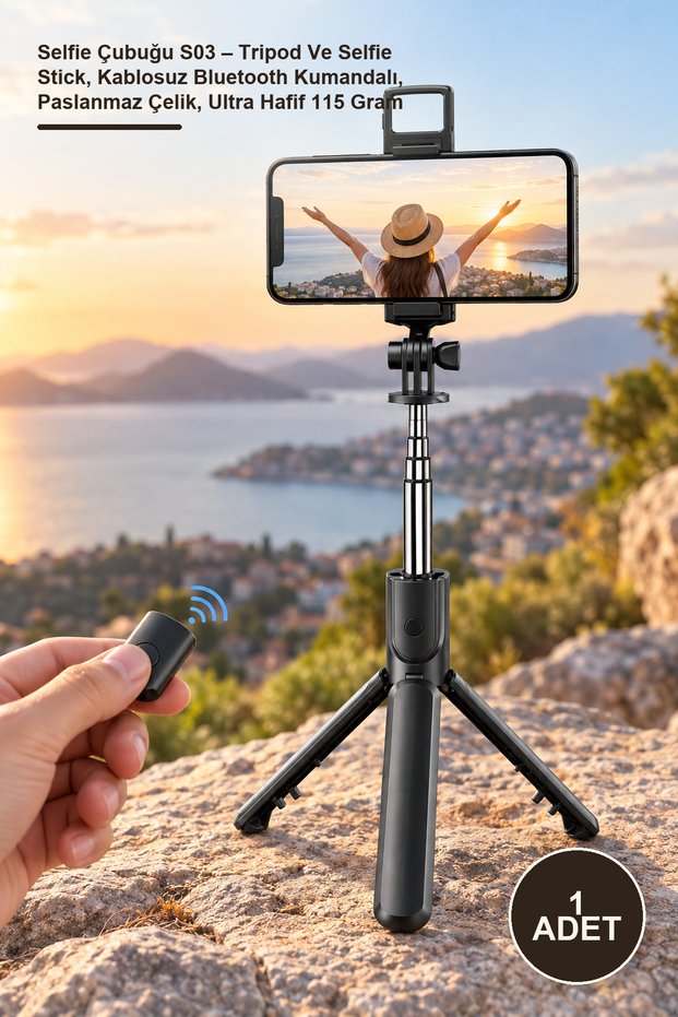 1 piece selfie stick s03 - tripod and selfie stick, wireless bluetooth controlled, stainless steel, ultra light 115 grams