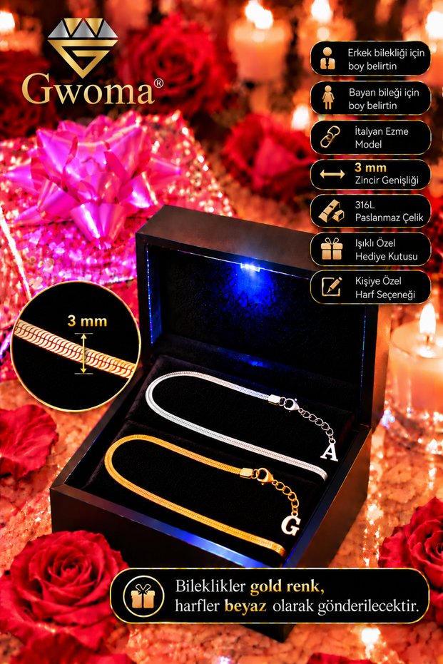 Men's Steel Letter Couple Bracelet - 3mm Italian Crushed Model Letter Couple Bracelet in Lighted Box 316 L Stainless Steel Gift Bracelet for Lover, Spouse