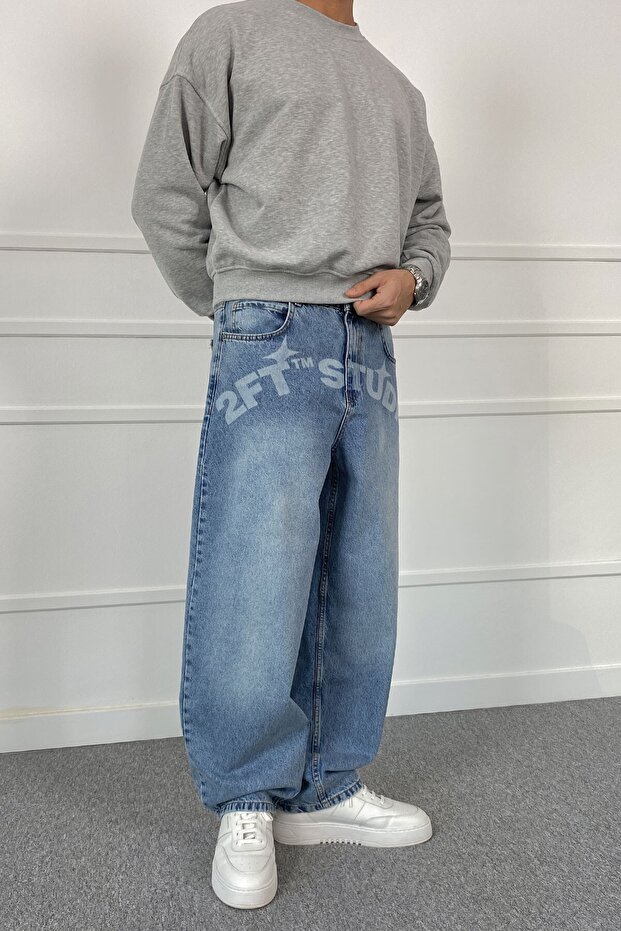 Studio printed loose fit blue jean