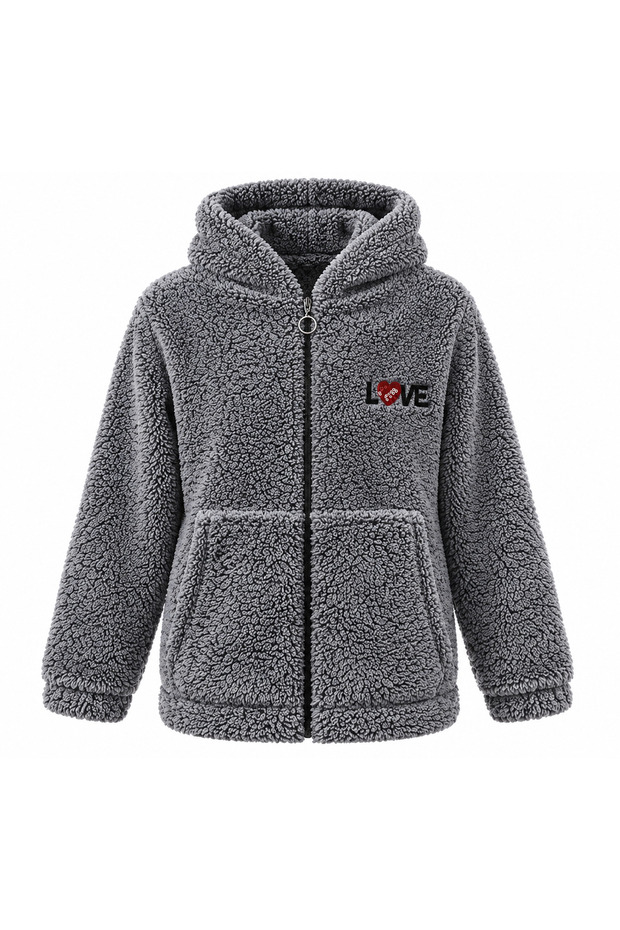 Girls Boys Plush Cardigan Hooded Zippered Pocketed Gray Jacket 8-13 Years Old Love Füme