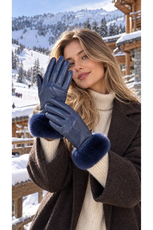 Navy Blue Faux Leather Women's Gloves with Fur on the Ankle