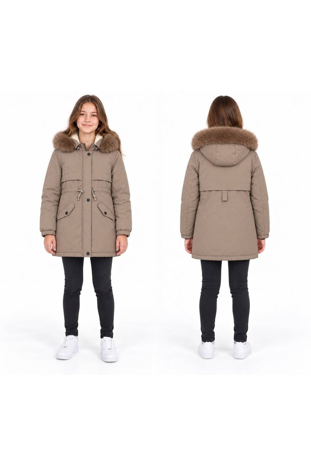 Girls' Plush Lined Detachable Fur Hooded Waist Adjustable Long Parka Coat