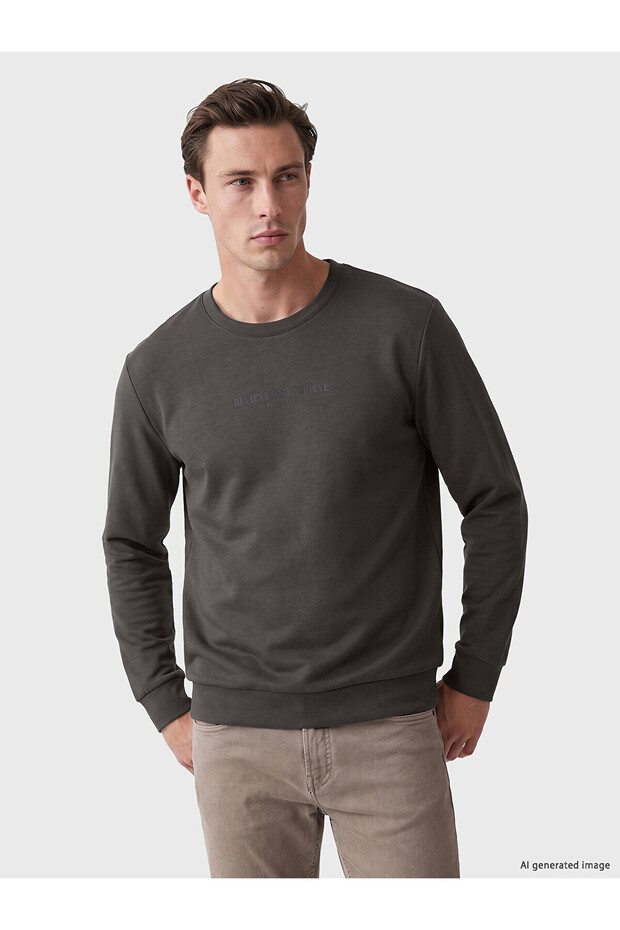 Peak New Season Anthracite Crew Neck Printed Men's Sweatshirt