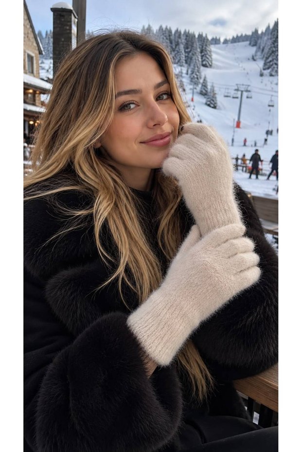 Beige Soft Textured Furry Women's Gloves