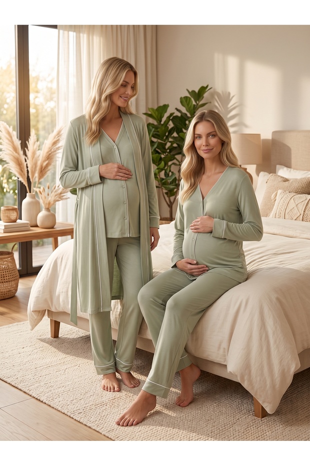 New Collection Green Ribbed Front Buttoned Cotton Long Sleeve Maternity Pajama Set with 3 Pieces