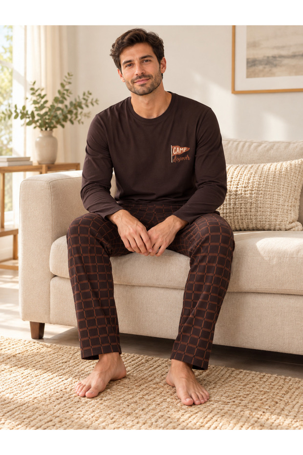 Men's Plaid Detailed Biskelet Collar Long Sleeve Cotton Pajama Set