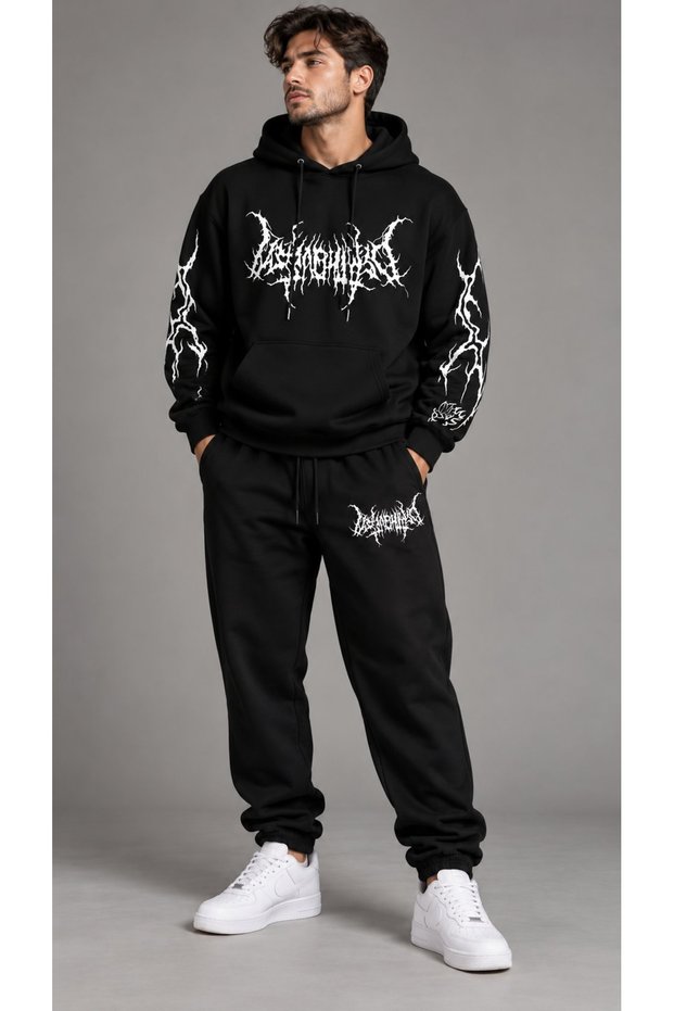 Black Metal Lightning Patterned Tracksuit Set Hooded Hoodie 100% Cotton Shardosed