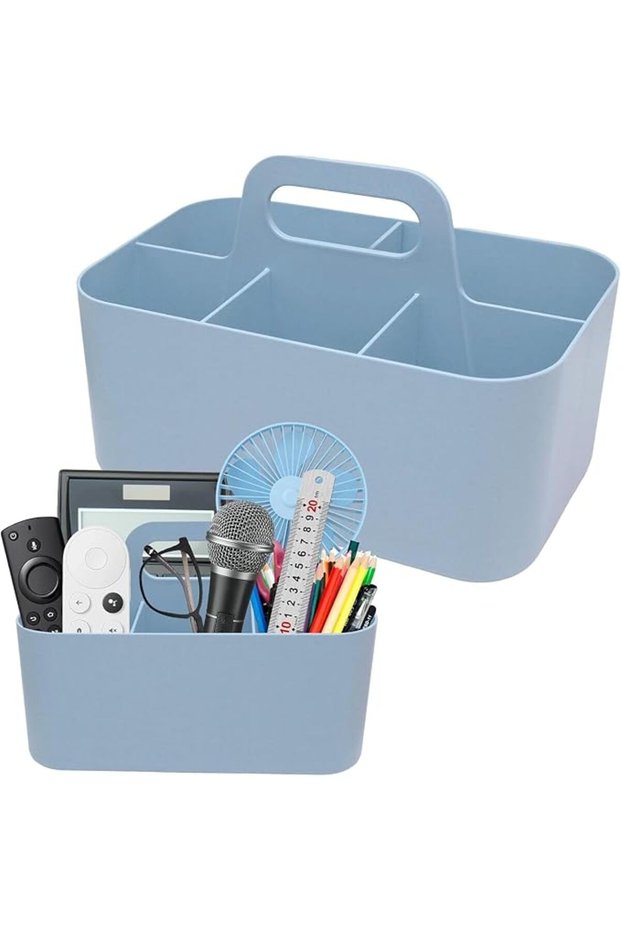 Portable Plastic Storage Organizer Caddy with Handle, 5 Compartments & Adjustable Dividers, Stackabl
