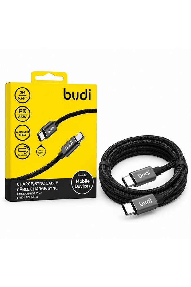 كابل USB-C إلى USB-C، شحن سريع بقدرة 65 واط ومزامنة البيانات، كابل مجدول بطول 2 متر مع غلاف ألومنيوم، أسود