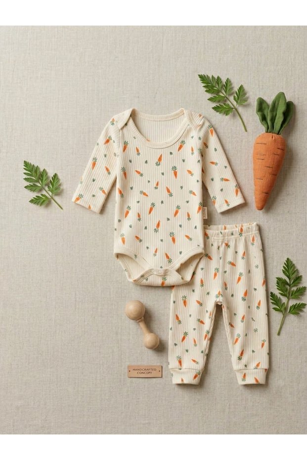Mi̇noti̇&Unisex Baby Carrot Patterned Ribbed 2-Piece Set with Snap Fasteners, Bodysuit and Pants, Top and Bottom Set