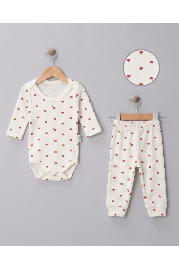 Minoti Baby Girl Ribbed Heart Patterned 2-Piece Pajama Set 100% Cotton Reportable Interlock Bottom and Top Set