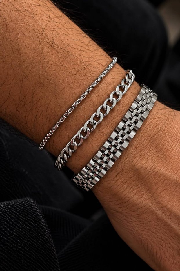 Men's Bracelet Set 3-Piece Steel Bracelet Combination Silver Gold Black Color Metal Chain Bracelet Watch Band Design Modern Stylish Charismatic Daily Use Accessory Set
