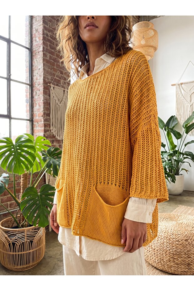 Oversize Cutwork Openwork Woven Cotton Washable Pocket Sweater (Product Length 57 cm)