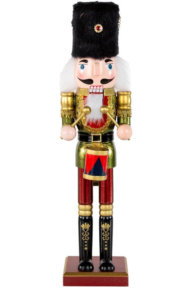 Christmas Ornament Lead Soldier Nutcracker Playing Snare Drum Claret Red-Green 38 Cm.
