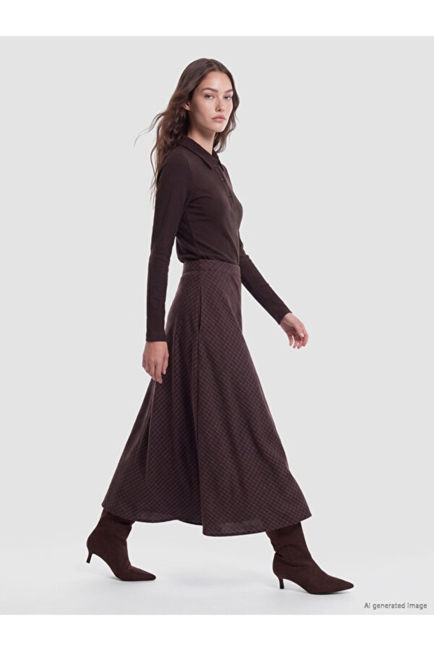 Quality Pieces from Çelebi Store: Zippered Checkered Embroidered A-Line Skirt