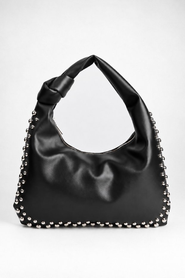 Women's Acacia Black Faux Leather Studded Knot Detailed Handle Medium Size Zipper Closure Hand and Shoulder Bag