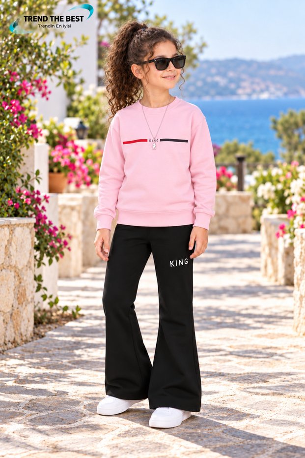 Winter, Spring, and Autumn Girls' Black Spanish Flared Bottoms and Pink Sweat Top