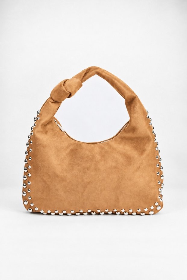 Women's Acacia Tan Suede Studded Knot Detailed Handle Medium Size Zipper Closure Hand and Shoulder Bag