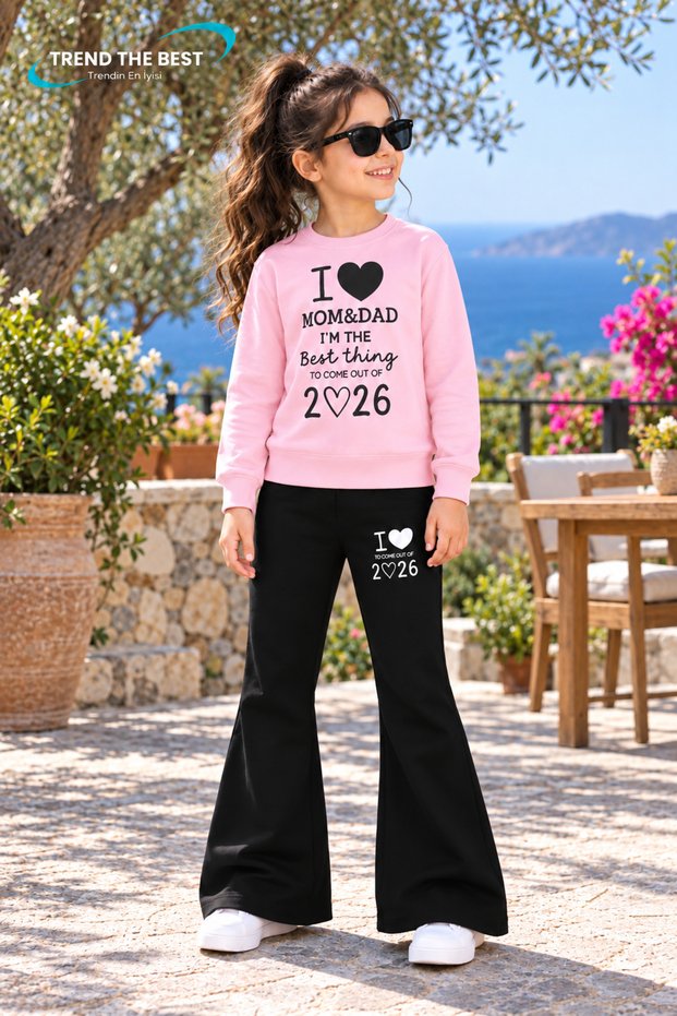 Winter, Spring, and Autumn Girls' Black Spanish Flared Bottoms and Pink Sweat Top