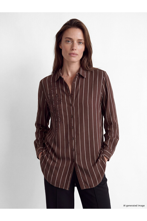Lcw Grace Brown Striped Women's Shirt Tunic with Nevavm Difference